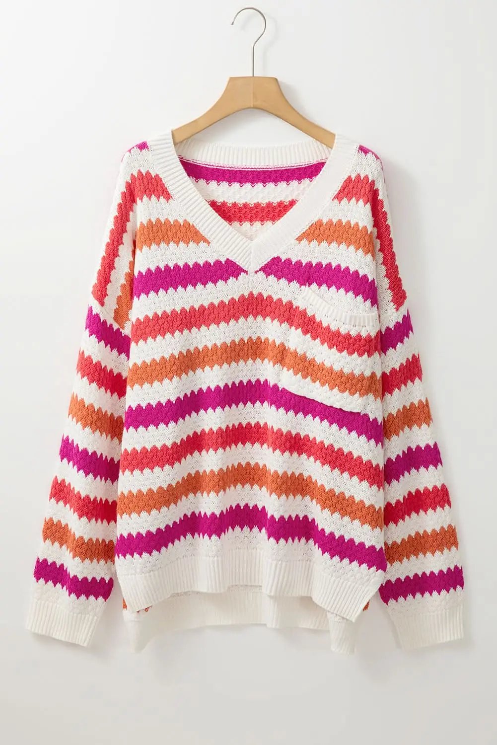 Pink Stripe V Neck Drop Shoulder Plus Size Sweater - Love Salve